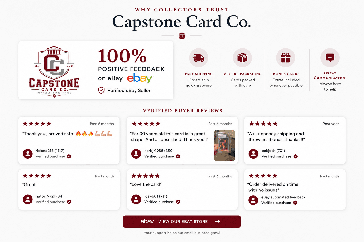 Why collectors trust Capstone Card Co. — 100% positive feedback on eBay with verified buyer reviews